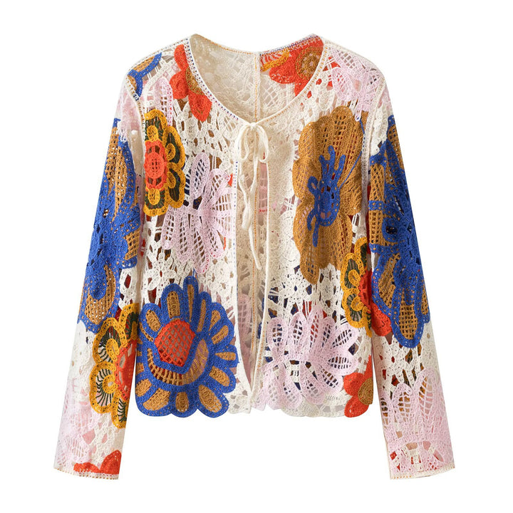 Women's Crochet Cardigan with Floral Appliqués and Tie Band Mune Fashion