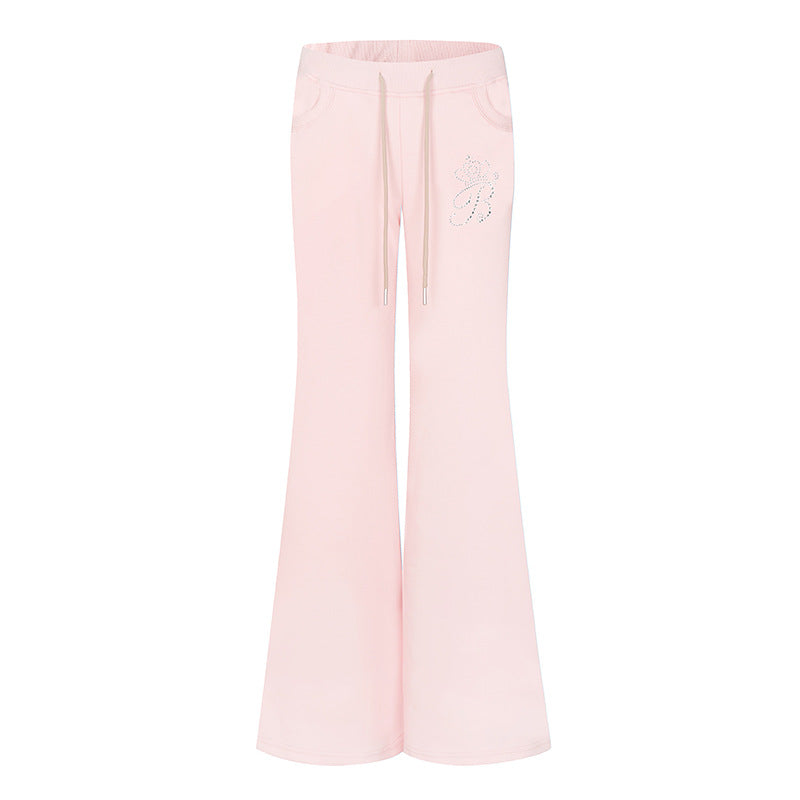 Women Flared Lounge Pants with High Comfort Waistband, Drawstring and Rhinestone Logo Mune Fashion