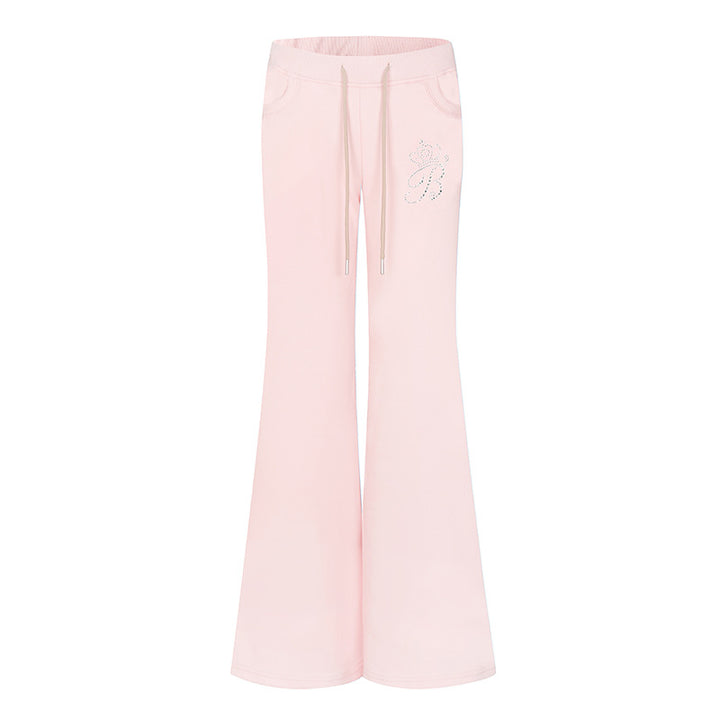 Women Flared Lounge Pants with High Comfort Waistband, Drawstring and Rhinestone Logo Mune Fashion