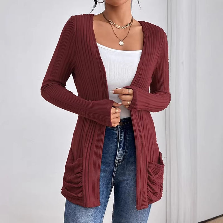 Women Ribbed Long Cardigan with Open Front, Pockets and Relaxed Fit Drune