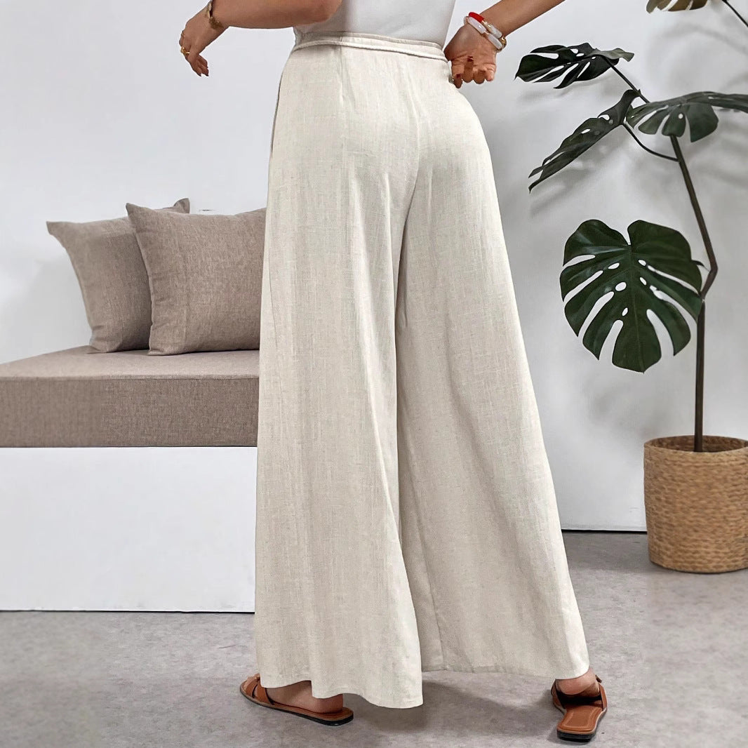 Women's Wide Palazzo Linen Pants with High Waist and Drawstring Mune Fashion