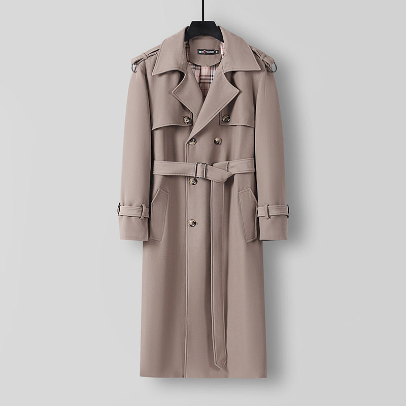 Women Elegant long cut wool blend trench coat with double-breasted button placket and belt Mune Fashion