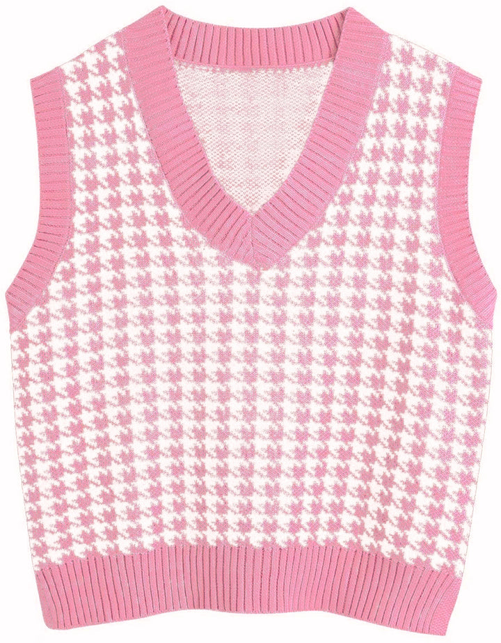 Women’s knit vest with houndstooth pattern, V-neck and ribbed hem Mune Fashion