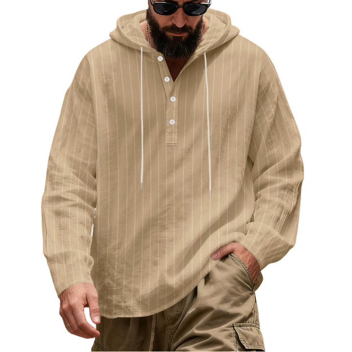 Men's Casual Hoodie Henley Shirt with Fine Pinstripes and Button Placket Mune Fashion