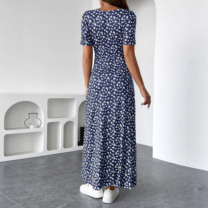 Women nan tailored V-neck wrap maxi dress made of viscose jersey with short sleeves and A-line hem Mune Fashion