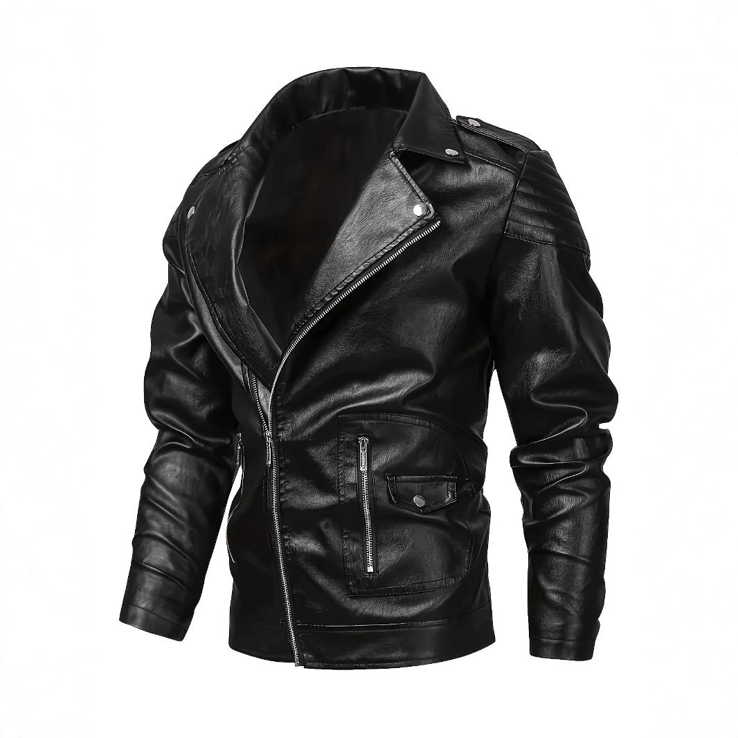 Men's biker jacket made of faux leather with asymmetrical zipper and padded shoulder inserts Mune Fashion
