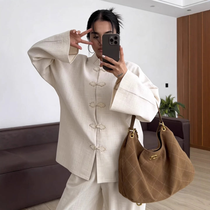 Women's Oversized Chinese Collar Blouse with Traditional Knot Closures and Wide Sleeves Mune Fashion