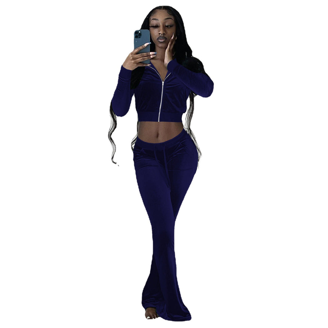 Women's Two-Piece Velvet Lounge Set with Cropped Zipper Hoodie and Flared Palazzo Pants EB