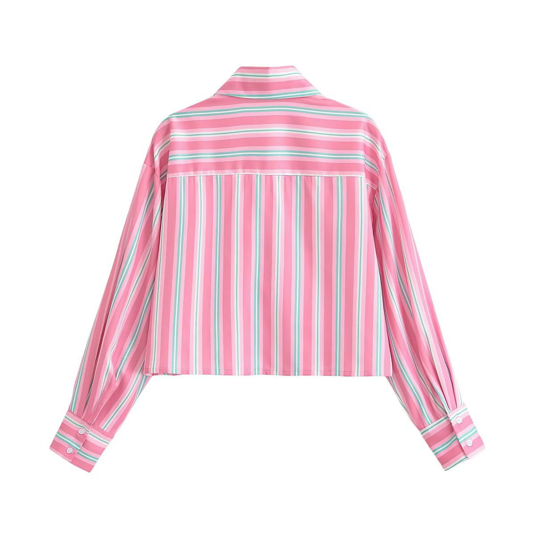 Women Cropped Shirt Blouse in Striped Look with Lace Trim and Patch Pockets Mune Fashion