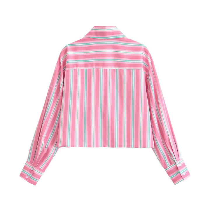 Women Cropped Shirt Blouse in Striped Look with Lace Trim and Patch Pockets Mune Fashion