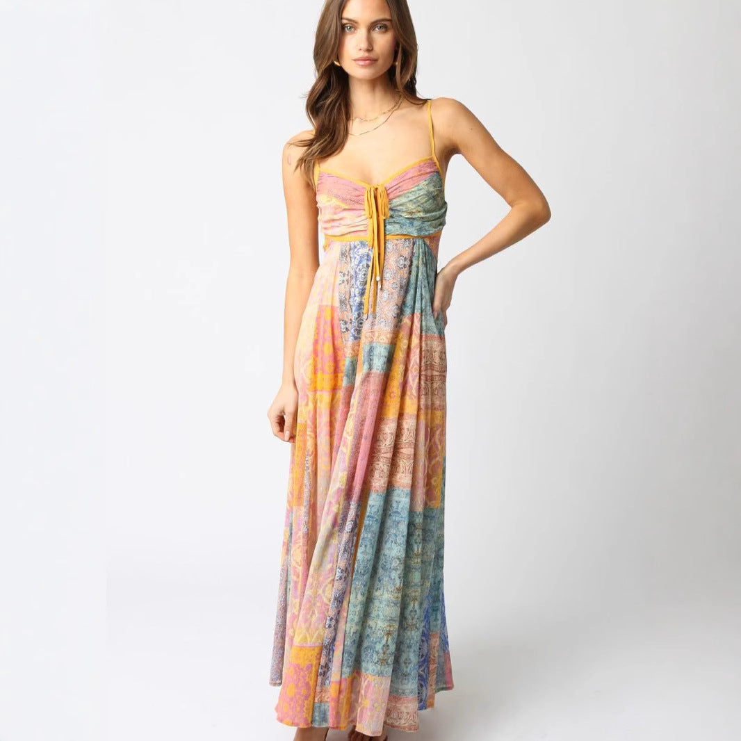Ladies' ankle-length maxi dress with gathered bustier, drawstring, and patchwork print Mune Fashion