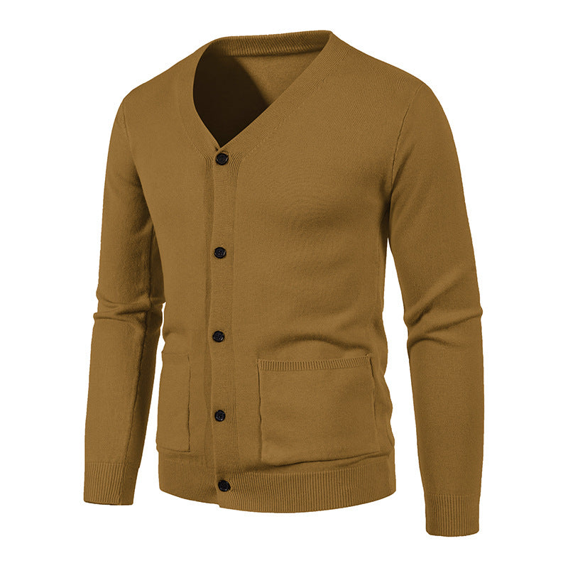 Men's lightweight fine-knit cardigan with V-neck, full button placket, and patch pockets Mune Fashion