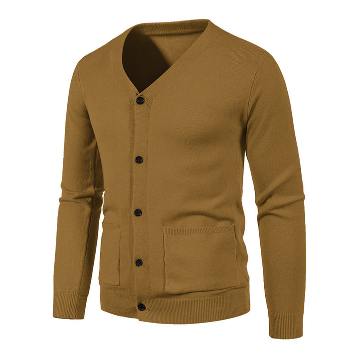 Men's lightweight fine-knit cardigan with V-neck, full button placket, and patch pockets Mune Fashion