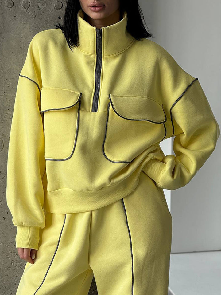 Women's Oversize Half-zip Sweatshirt with Patch Pockets and Contrast Piping Mune Fashion