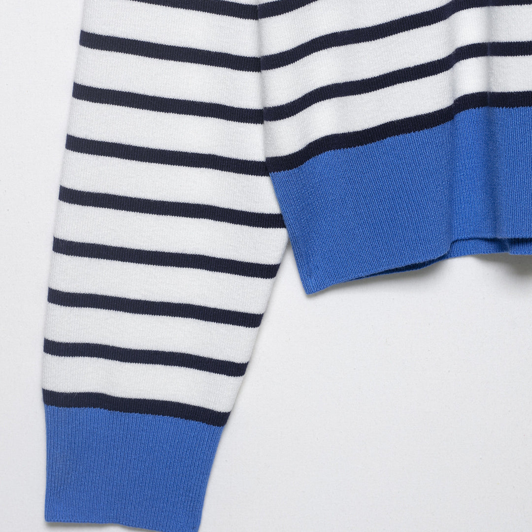 Women's Striped Cropped Knit Polo with Half Zipper and Wide Ribbed Cuff Mune Fashion