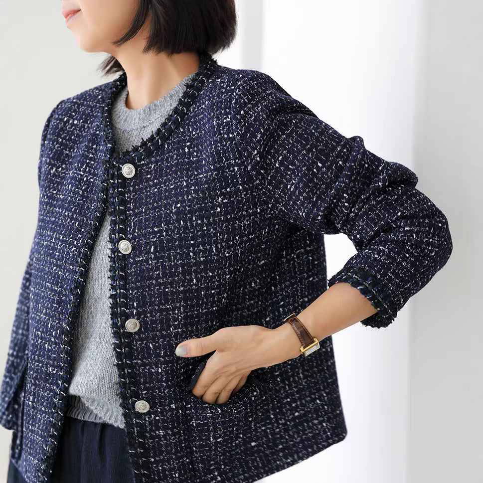 Women Elegant Short Sleeve Tweed Coat Mune Fashion