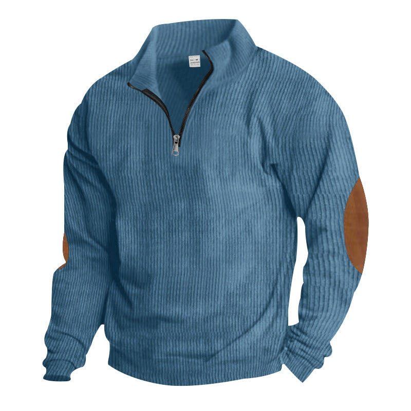 Men's knitted fine knit pullover with short zipper stand-up collar and leather-look elbow patches Mune Fashion