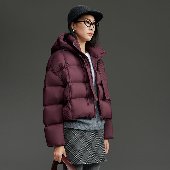 Women Short Cut Boxy Quilted Jacket with Voluminous Hood and Drawstring Mune Fashion