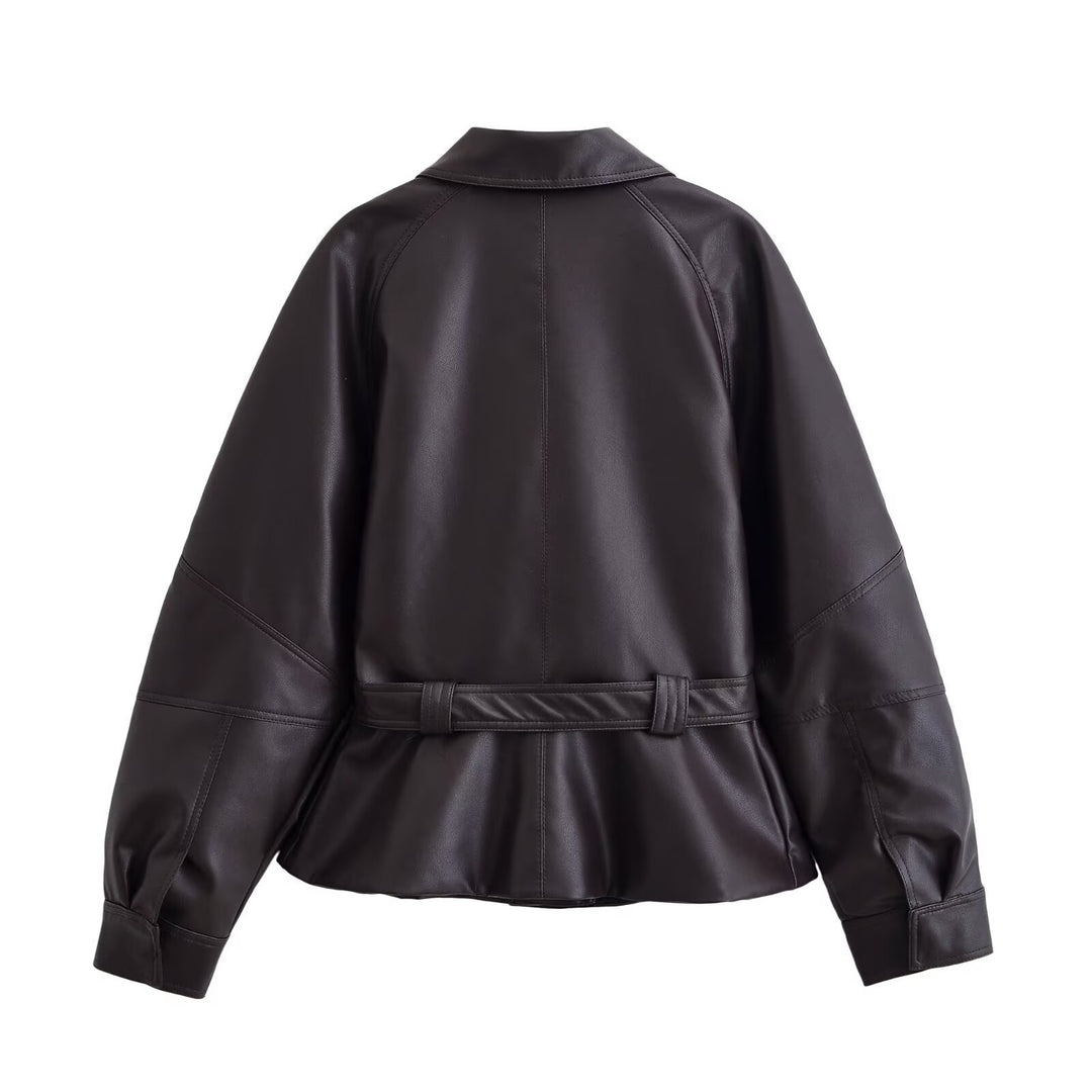 Women's short cut leather look jacket with waist belt and raglan sleeves Mune Fashion