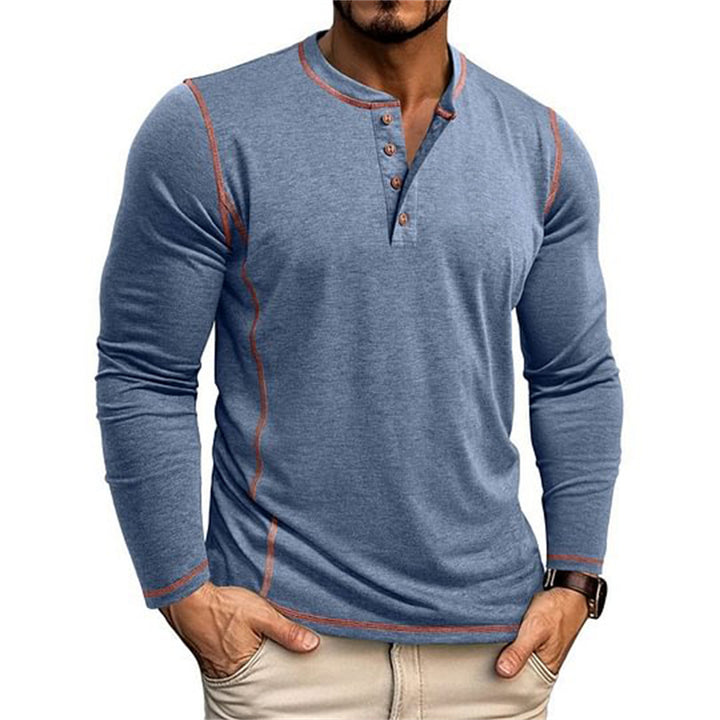 Men's Elastic Long Sleeve Henley Shirt with Contrast Stitching and Button Placket EB