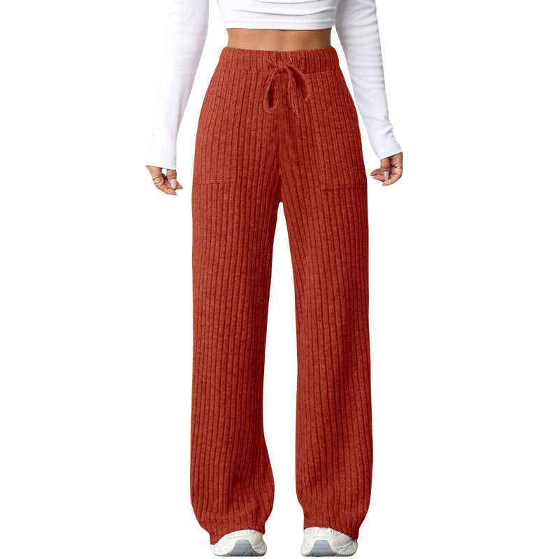 Ladies Wide Ribbed Lounge Pants with Drawstring and Patch Pockets Mune Fashion