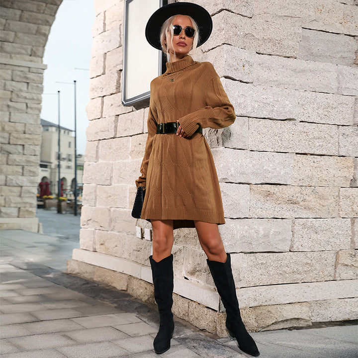 Women's knitted dress with turtleneck, cable pattern, and tailored belt Mune Fashion