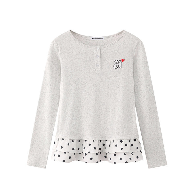 Women's Long Sleeve Henley Layering Top with Ruffle Underlay and Heart Patch Mune Fashion
