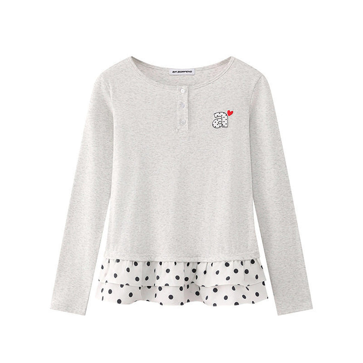 Women's Long Sleeve Henley Layering Top with Ruffle Underlay and Heart Patch Mune Fashion