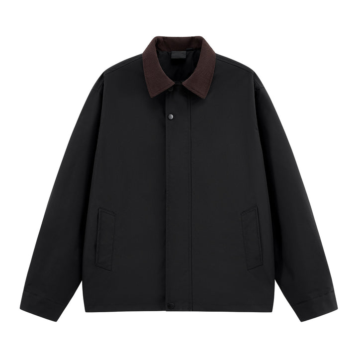 Men's loosely cut transitional jacket with cord collar, concealed snap button placket & side pockets Mune Fashion