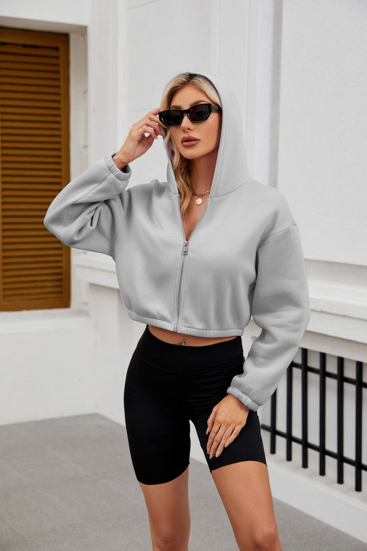Women's Cropped Hoodie Jacket with Full Zipper and Oversized Sleeves Mune Fashion