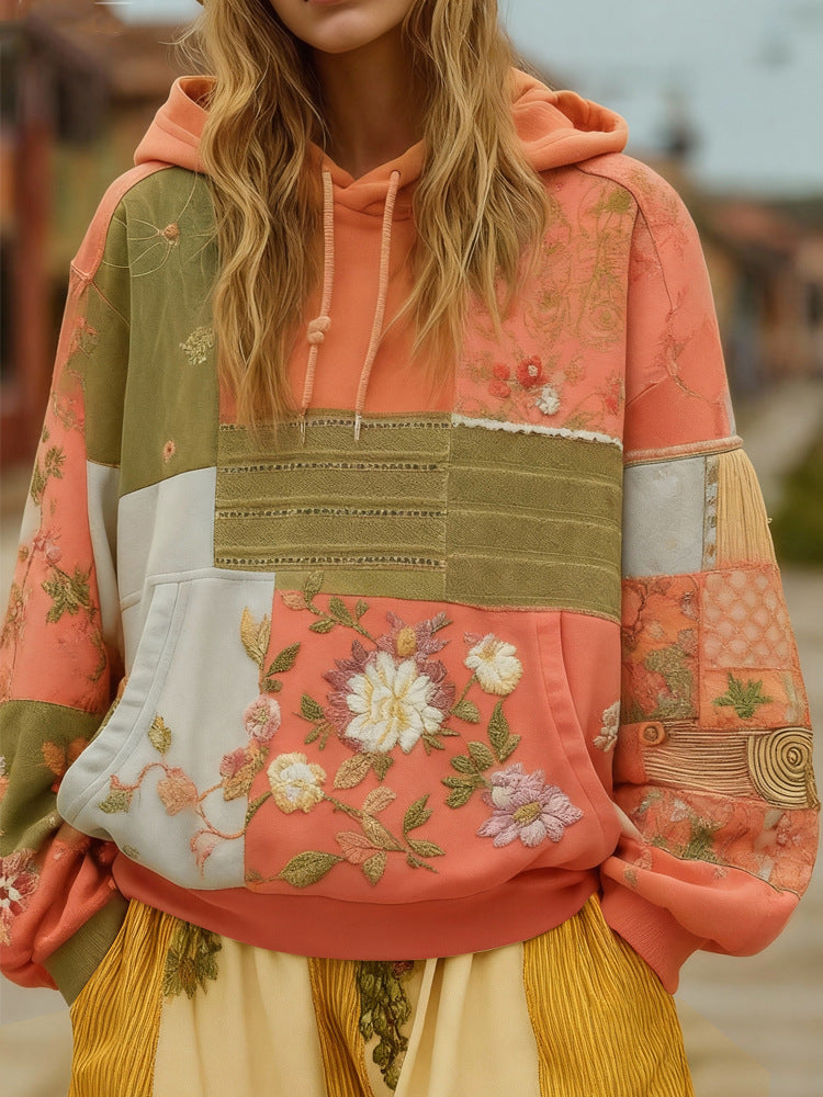 Women's Embroidered Patchwork Hoodie with Flower Applique and Kangaroo Pocket Mune Fashion