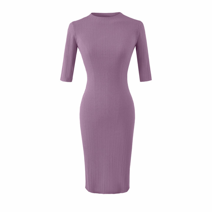 Women's fitted ribbed midi dress with half sleeves and stand-up collar Mune Fashion