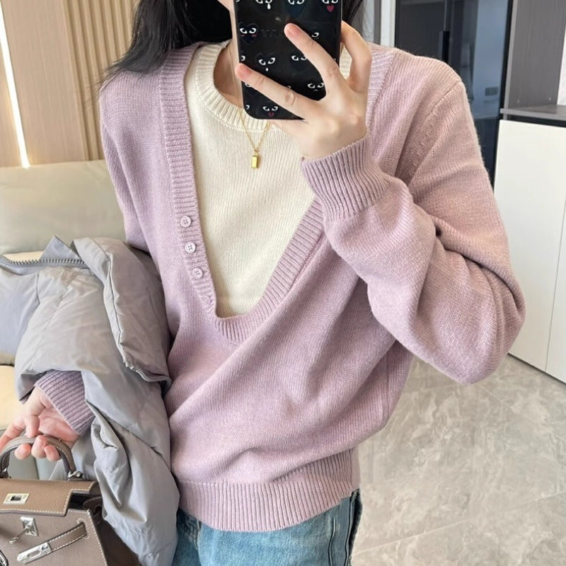 Women's Deep V-Neck Fine Knit Sweater with Layering Effect and Light Waist Definition Mune Fashion