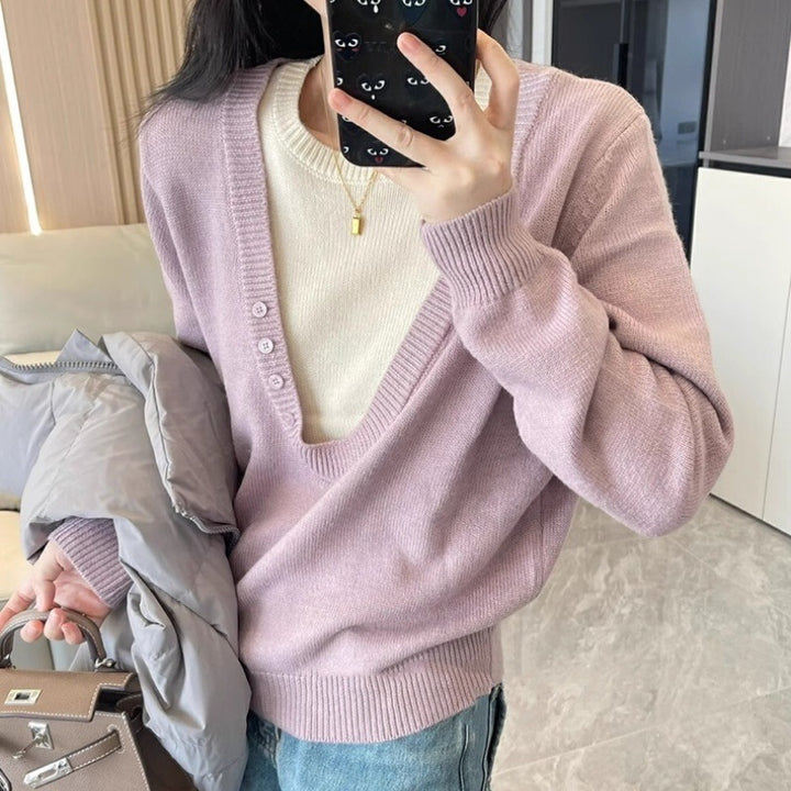 Women's Deep V-Neck Fine Knit Sweater with Layering Effect and Light Waist Definition Mune Fashion