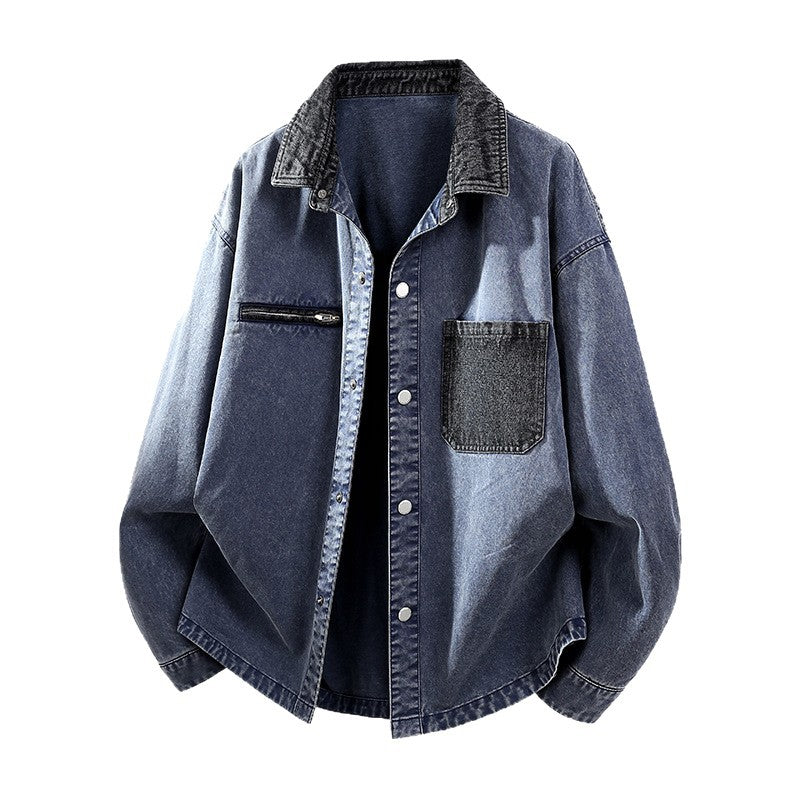 Men's Oversize Denim Shirt Jacket with Contrast Pocket and Snap Button Placket Mune Fashion