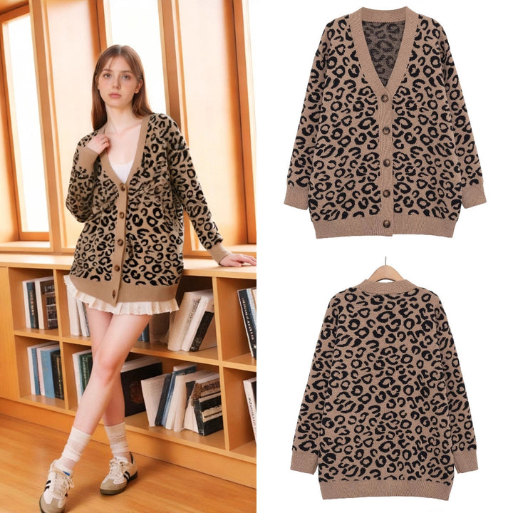 Women's Oversized Knit Cardigan with Leopard Print, V-Neck and Button Placket Mune Fashion