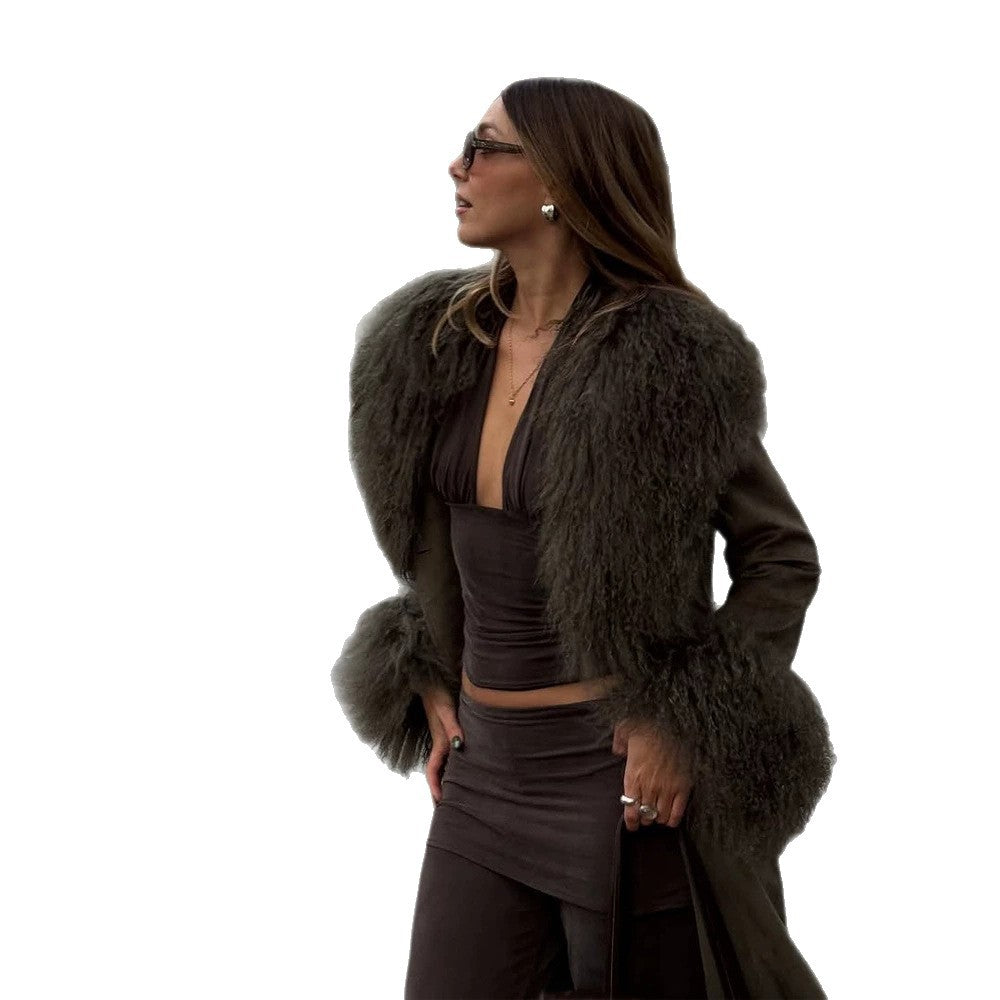 Women's Midi Length Tied Coat in Suede Look with Oversized Fur Collar and Voluminous Fur Cuffs Mune Fashion