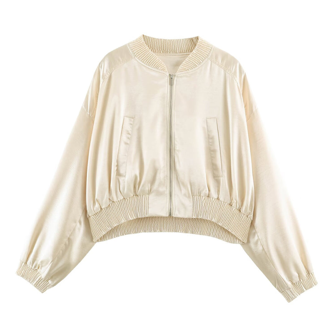 Women Cropped Bomber Jacket made of Satin with Ribbed Cuffs Mune Fashion