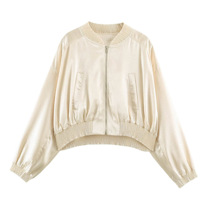 Women Cropped Bomber Jacket made of Satin with Ribbed Cuffs Mune Fashion