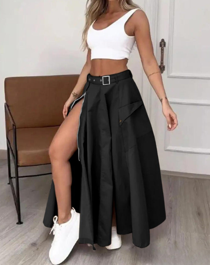 Women's maxi skirt with high slit, cargo pockets and waist belt Mune Fashion