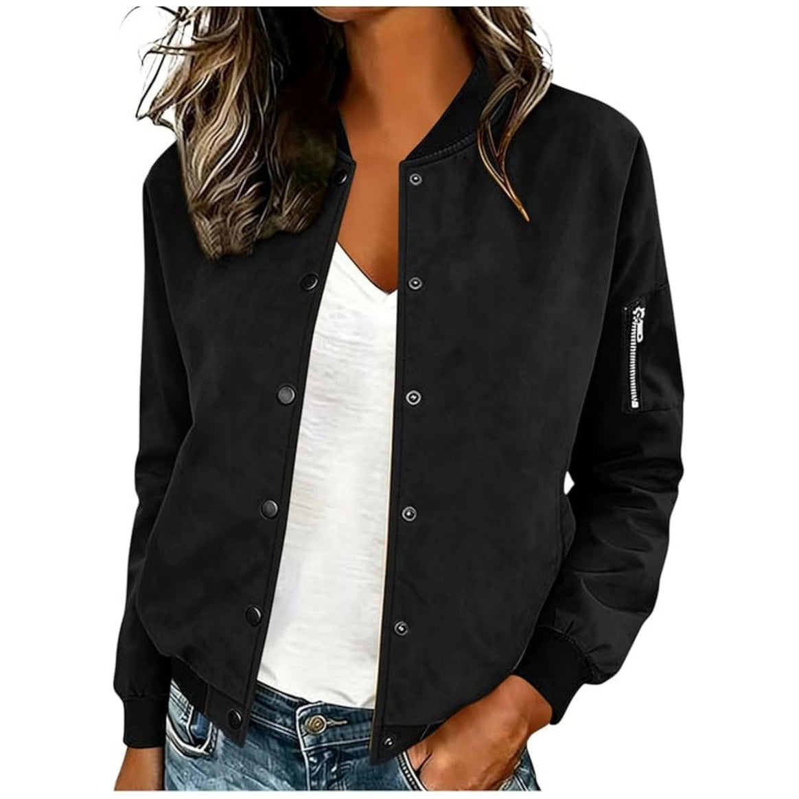 Women's Lightweight Bomber Jacket with Snap Buttons and Arm Pocket Mune Fashion