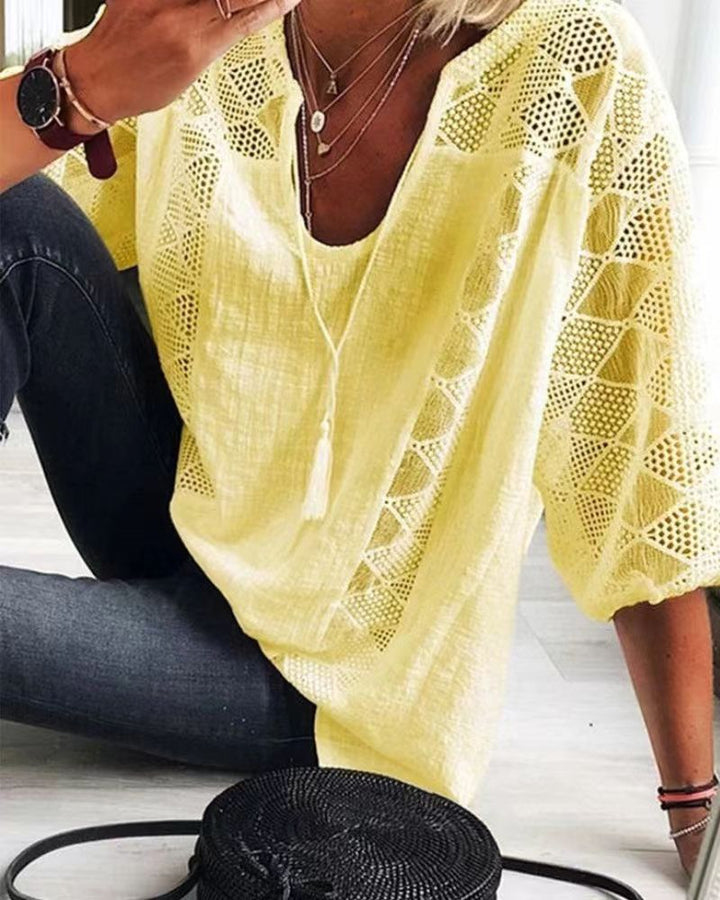 Women's airy crochet blouse with V-neck and balloon sleeves Mune Fashion