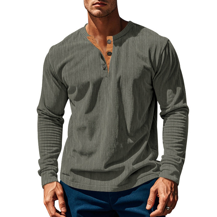 Men's ribbed Henley long sleeve with stand-up collar, hidden button placket and relaxed fit Mune Fashion