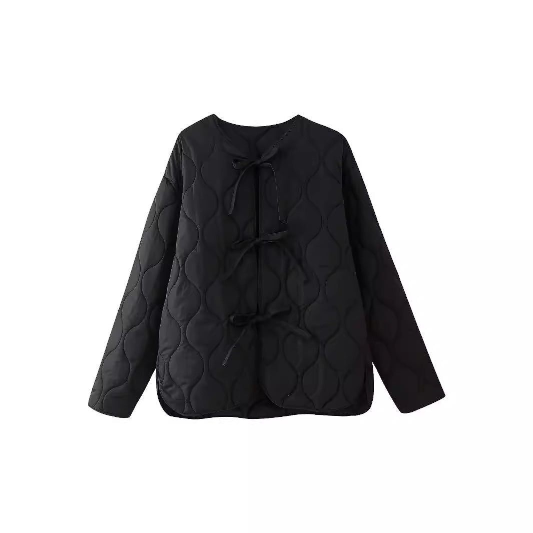 Women geometric quilted oversized liner jacket without collar Mune Fashion
