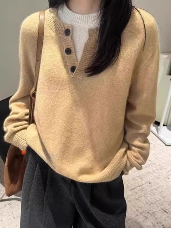 Women's Oversize Henley Sweater made of fluffy Mohair-look with button placket Mune Fashion