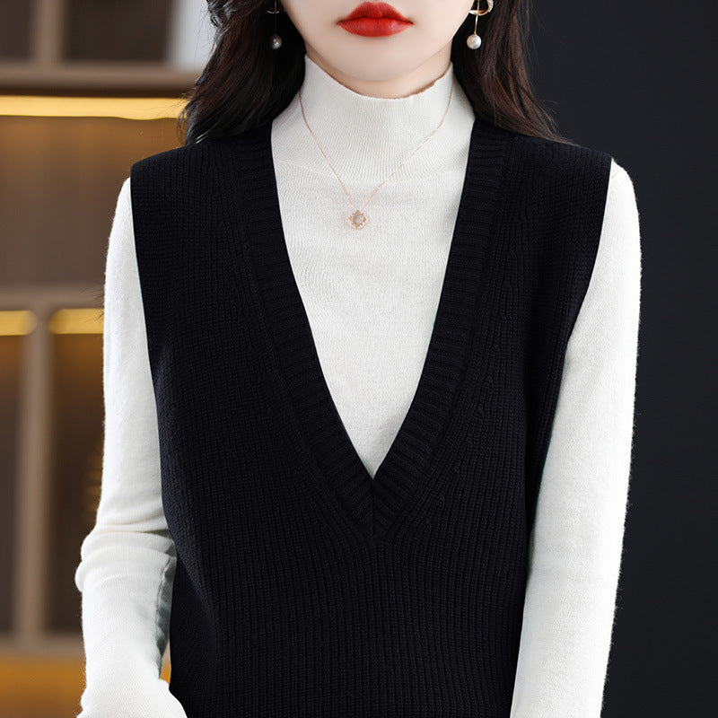 Women's Knit Long Vest with Deep V-Neck and Fine Rib Structure Mune Fashion