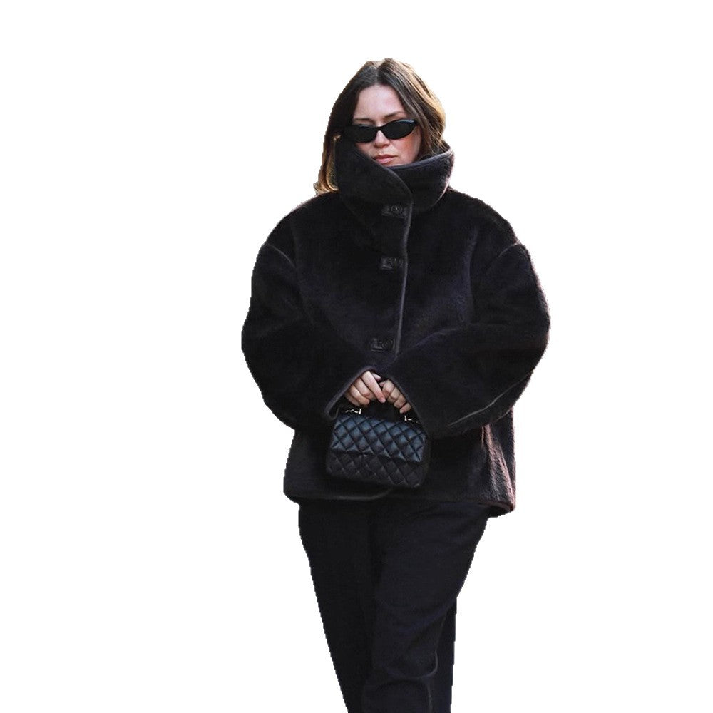 Women's Boxy Faux Fur Jacket with Voluminous Shawl Collar and Boxy Silhouette Mune Fashion