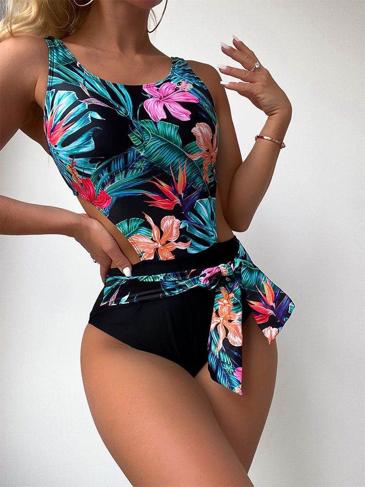 Women's Elegant One-Piece Swimsuit with Side Cut-Outs and Floral Wrap Band Mune Fashion