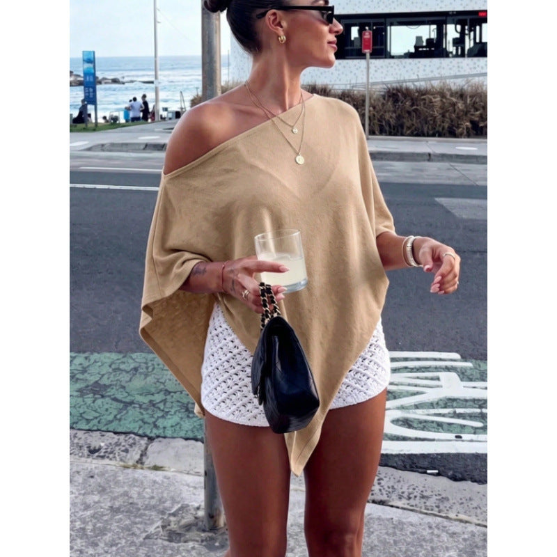 Women's Asymmetric Off-Shoulder Poncho Top made of lightweight knit Drune