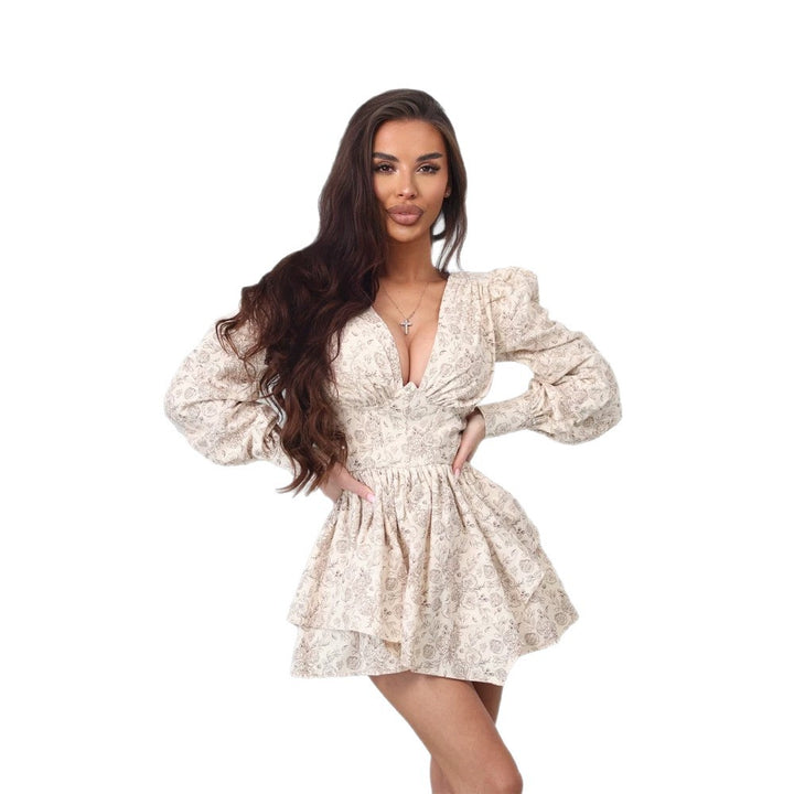 Women's short floral dress with deep V-neck, fitted corset style and voluminous balloon sleeves Mune Fashion